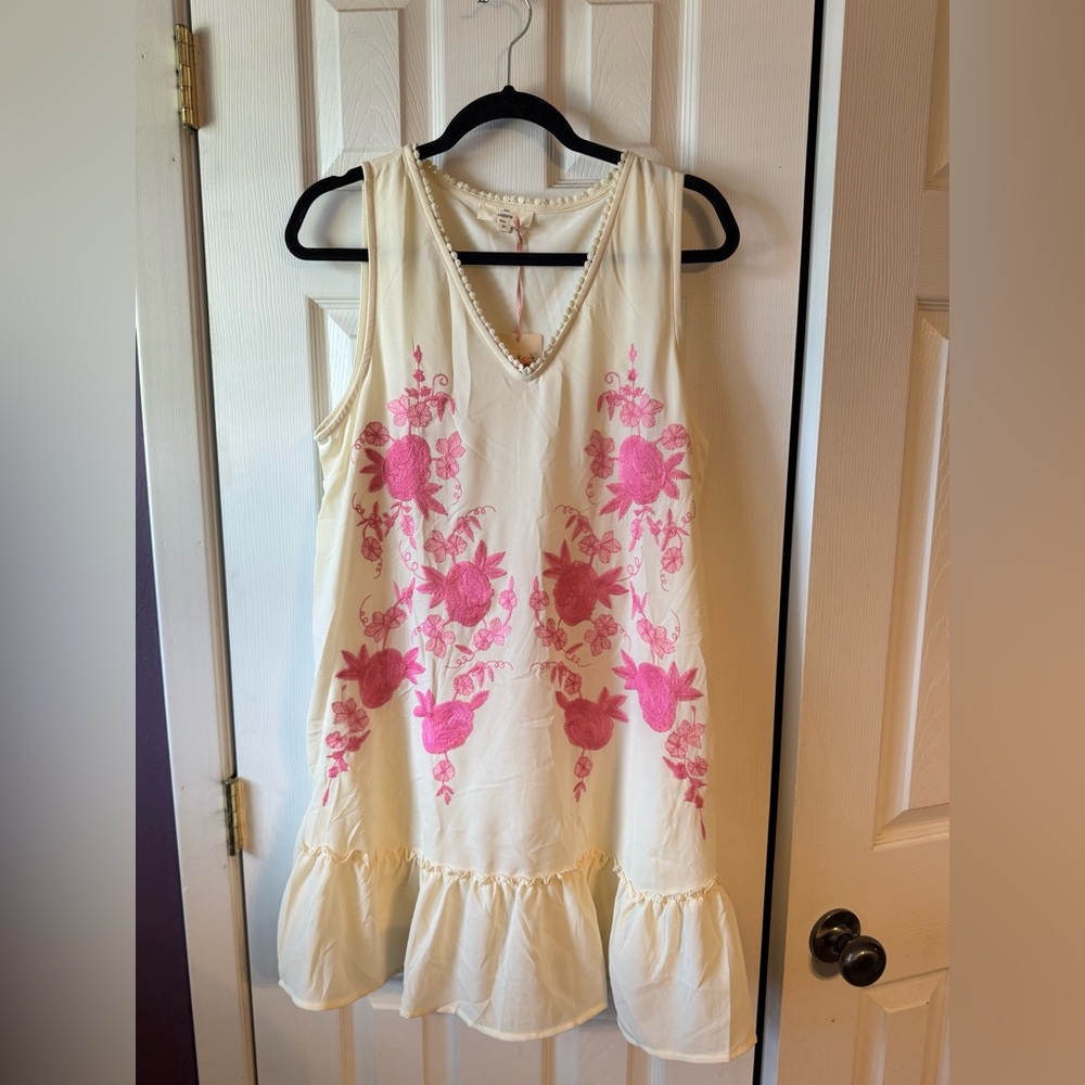 Entro Cream Dress with Pink Embroidery